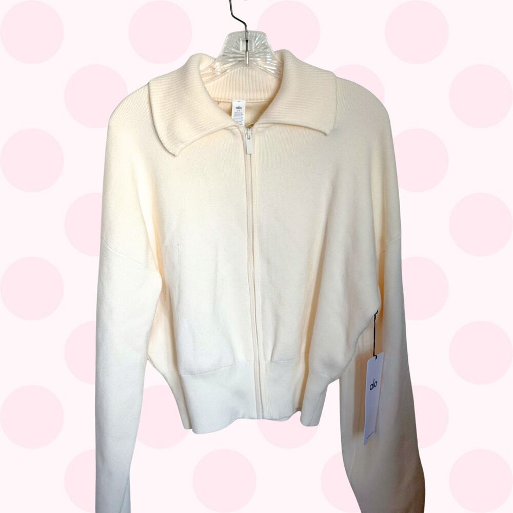 Alo Yoga Scholar Knit Cropped Full-Zip Jacket Ivory Size Large NWT